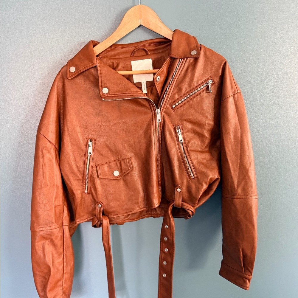 Avec Les Filles Anthropologie Brown Faux Leather Cropped Jacket Sz S - Picture 4 of 12